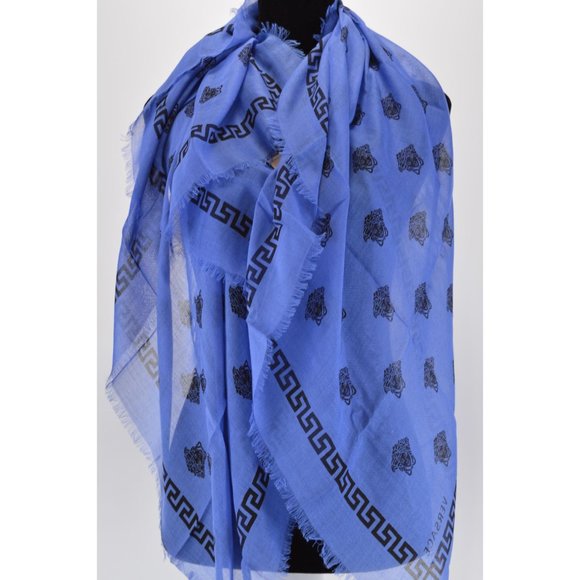 NEW Versace $350 Blue Black Modal Silk MEDUSA HEAD Greek Key Scarf